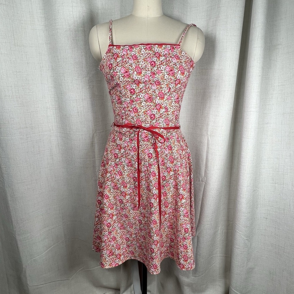 Vintage 90s Y2K Jodi Kristopher Floral Red Pink Sundress Belted Sz 3/4 Fit Flare
